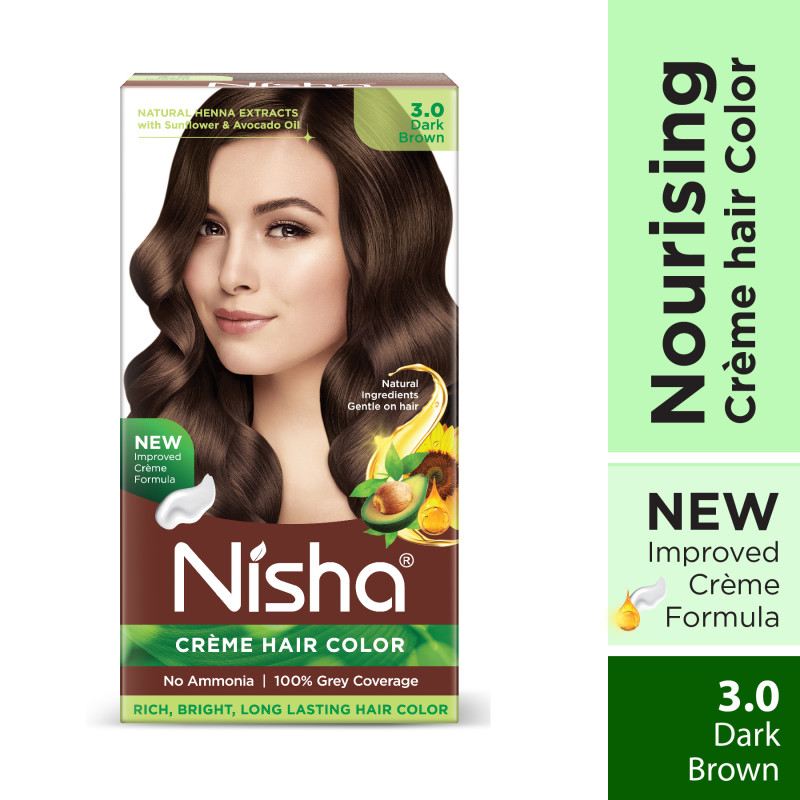 Nisha Creme Hair Color for Women - Dark Brown, 60g+60ml, Long-lasting, 100% Grey Coverage Permanent Hair Colour for Soft, Shiny, Healthy Hair